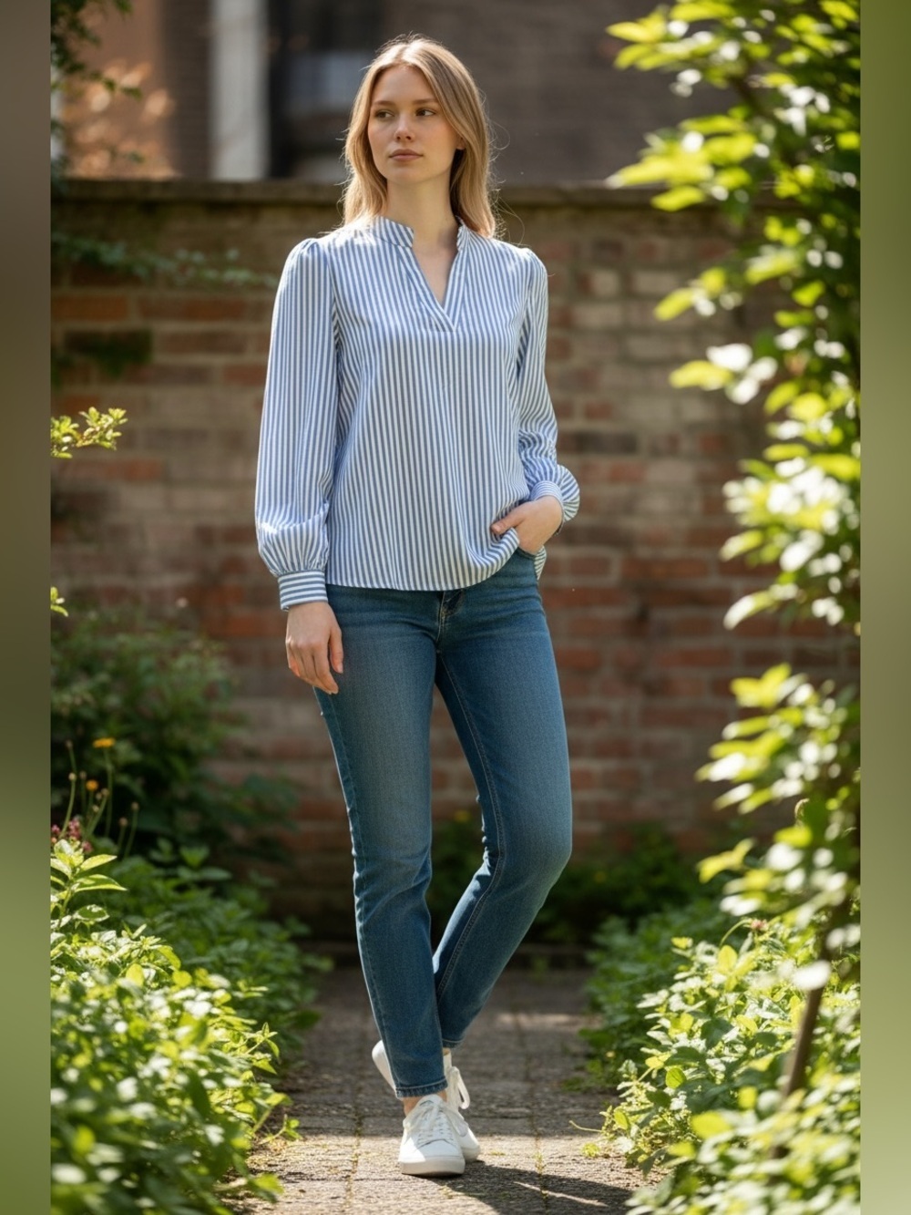 SHEIN Blue and White Striped V-Neck Long Sleeve Blouse